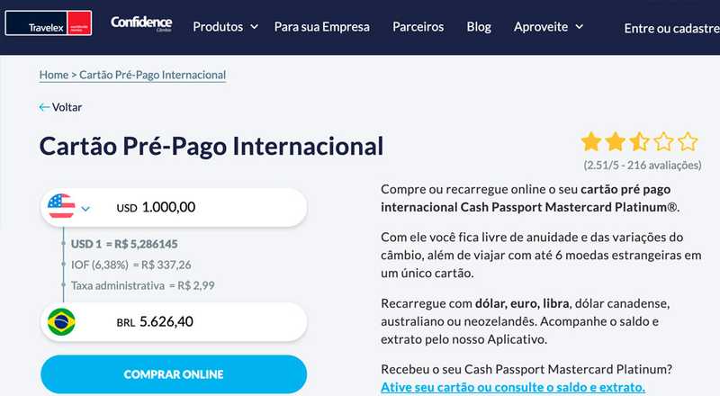 Cartão pré-pago Cash Passport Mastercard Platinum Confidence Câmbio