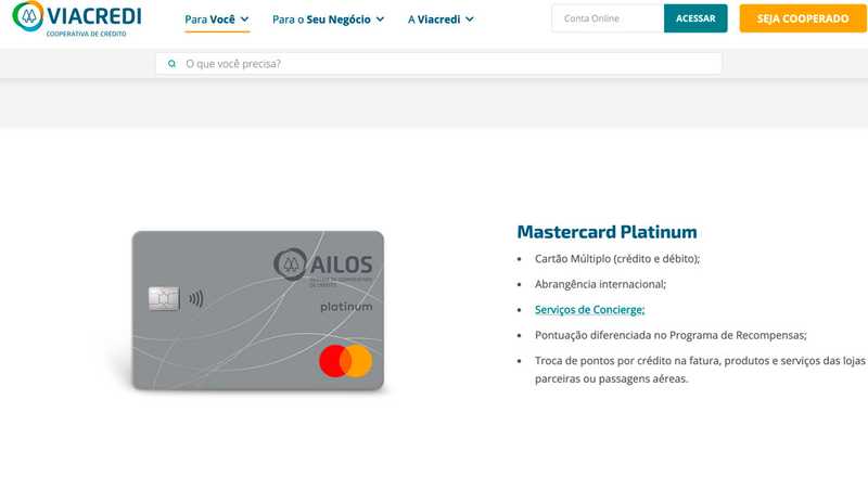 Cartão de crédito Mastercard Platinum Viacredi