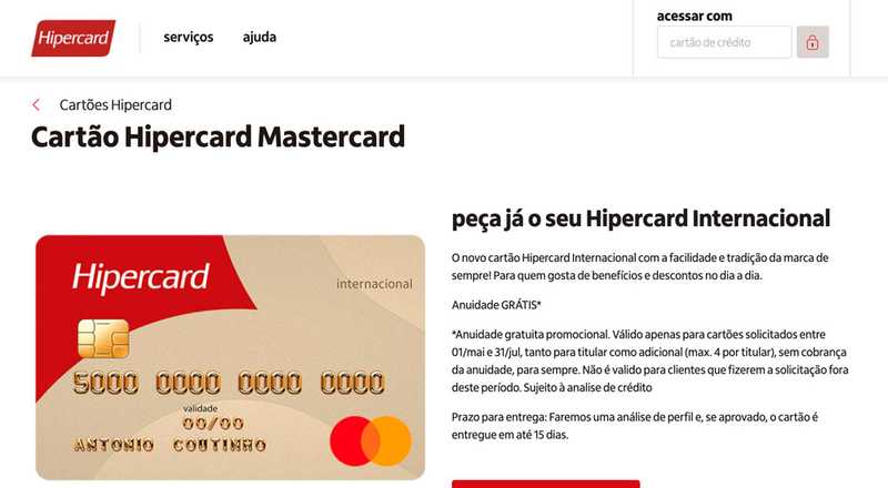 Cartão de crédito Internacional Hipercard